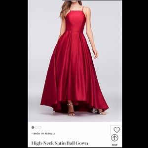 David’s Bridal red high-neck satin ball gown